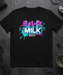 MILK SOY Japanese neon text design on a black t-shirt, featuring vaporwave city skyline graphics