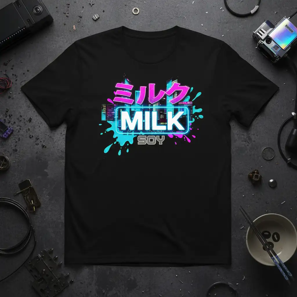 MILK SOY Japanese neon text design with vaporwave city skyline graphics on a black t-shirt