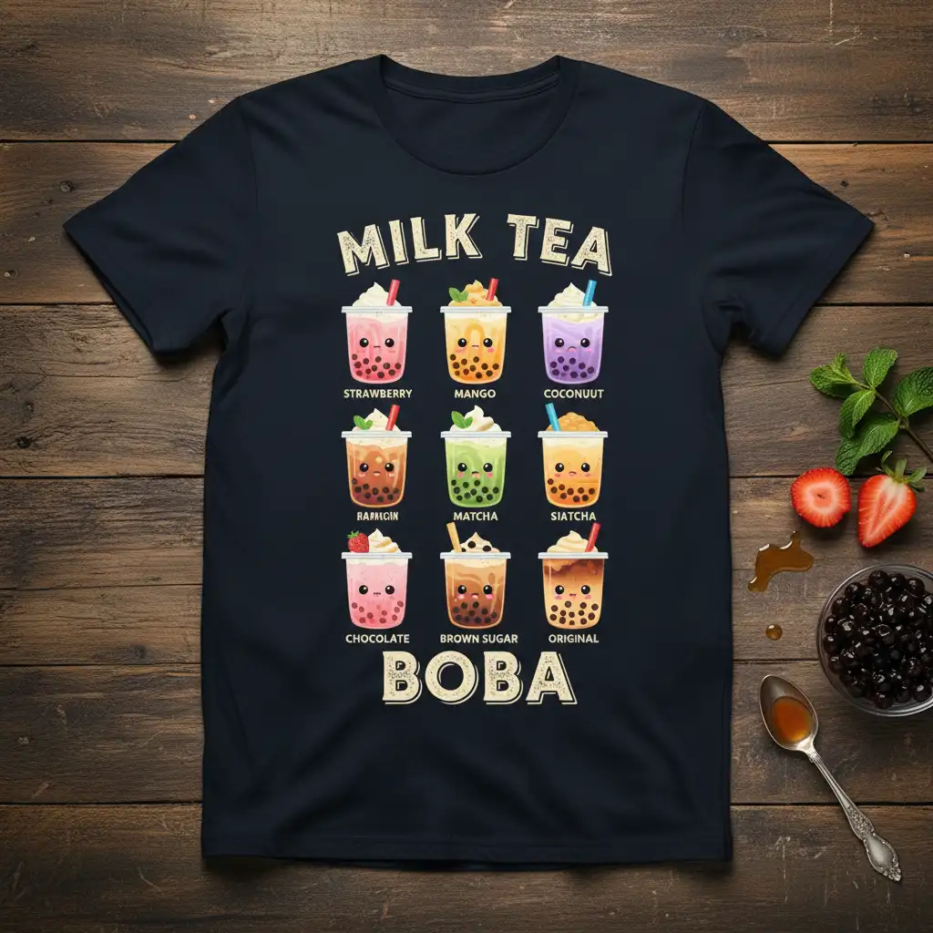 MILK TEA BOBA STRAWBERRY quote printed with bold typography on quality cotton blend t-shirt design