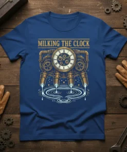 Milking The Clock steampunk t-shirt design featuring a clockwork mechanism dripping into water, with gears and pipes