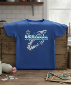 Blue t-shirt with "Milkman" text in a retro font, accompanied by two rockets and stars, symbolizing space delivery