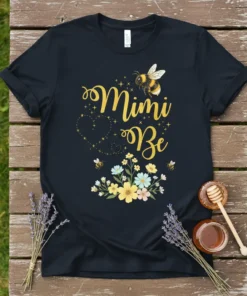 Mimi Be t-shirt design with golden cursive text, a bumblebee, and floral accents
