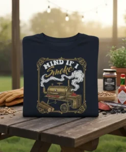 Mind If I Smoke t-shirt design featuring a vintage smoker grill with smoke and sausages, text in ornate frame