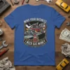 Mind Your Business I Need Gas Money hot rod t-shirt with skull driver and flames