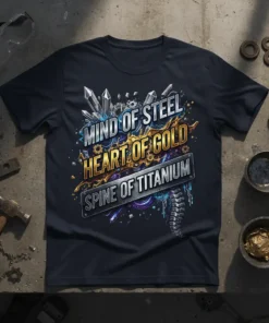 Mind of Steel Heart of Gold Spine of Titanium quote t-shirt design with metallic and crystal graphics