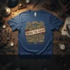 Mind The Gaap T-Shirt with detailed steampunk gears and vintage airships on a blue background
