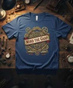 Mind The Gaap T-Shirt with detailed steampunk gears and vintage airships on a blue background