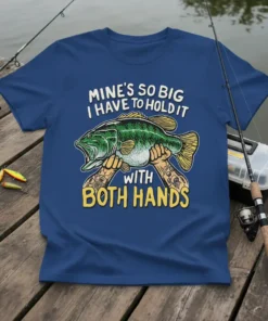 Mine's So Big I Have to Hold It With Both Hands fishing t-shirt design featuring a large bass and tattooed