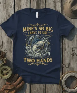 Mine's So Big I Have To Use Two Hands fishing t-shirt with marlin graphic and ocean waves