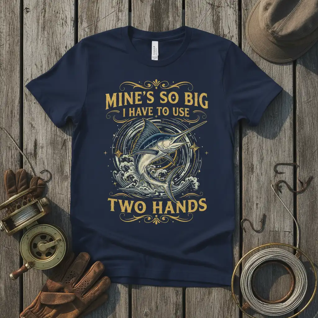 Mine's So Big I Have To Use Two Hands quote with marlin fishing graphic on a navy t-shirt