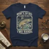Mine's So Big I Have to Use Two Hands fishing quote t-shirt with a large trout graphic and ocean waves