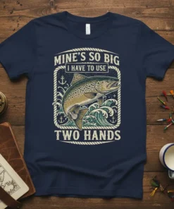 Mine's So Big I Have to Use Two Hands fishing quote t-shirt with a large trout graphic and ocean waves
