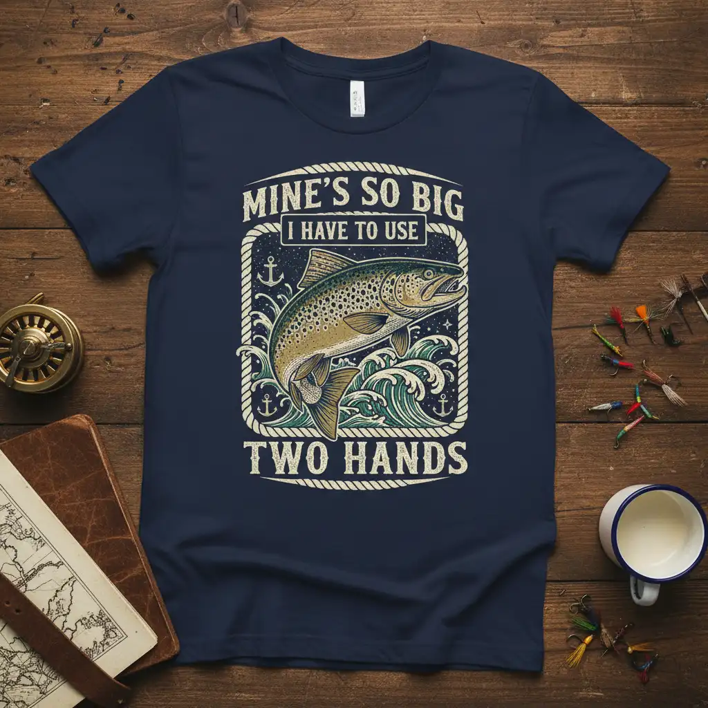 Mine's So Big I Have to Use Two Hands quote with jumping trout graphic on navy blue fishing t-shirt