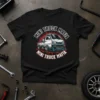 Mini Truck Mafia t-shirt design featuring a customized white mini truck with red and blue accents, surrounded by radiating lines