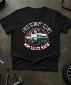 Mini Truck Mafia t-shirt design featuring a customized white mini truck with red and blue accents, surrounded by radiating lines