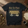 Mise En Place French Get your Shit together quote t-shirt with kitchen tools graphic in gold and white on a