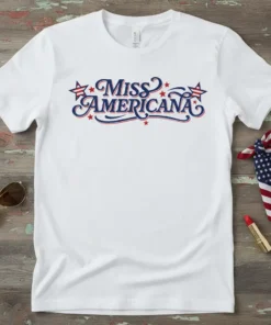Miss Americana text design with red, white, and blue stars and wavy font on a white t-shirt