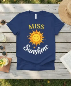 Miss Sunshine t-shirt with a smiling sun graphic and yellow text