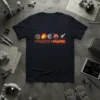 MISSION:MARS t-shirt design featuring a sequence of planets and a rocket ship, with orange neon text "MISSION:MARS"