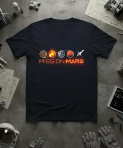 MISSION:MARS t-shirt design featuring a sequence of planets and a rocket ship, with orange neon text "MISSION:MARS"