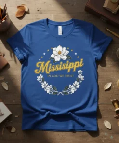 Mississippi IN GOD WE TRUST t-shirt with a magnolia wreath design and stars