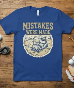 Mistakes Were Made t-shirt design featuring a golf cart stuck in the sand with humorous text above