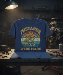 Mistakes Were Made humorous quote t-shirt with vintage wrenches, pistons, and gears graphic