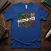 MLK I Have A Dream text design with a shield emblem on a blue t-shirt