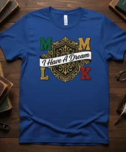 MLK I Have A Dream text design with a shield emblem on a blue t-shirt