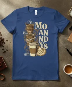 Mo AND NYS Coffee T-Shirt design featuring three coffee cups labeled Tall, Grande, and Venti, with stylized text