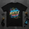Black t-shirt with "Modify Your Dreams Hustle Or Magnify Your" in neon and gold text, featuring a city skyline graphic