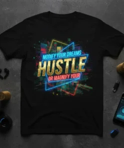 Black t-shirt with "Modify Your Dreams Hustle Or Magnify Your" in neon and gold text, featuring a city skyline graphic