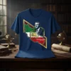 T-shirt featuring Mohamund Reza Pahlavi Shah of Iran portrait within Iran map outline, historical Iranian flag colors and emblem