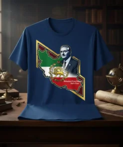 T-shirt featuring Mohamund Reza Pahlavi Shah of Iran portrait within Iran map outline, historical Iranian flag colors and emblem