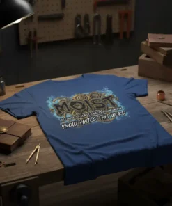 Moist Because At Least One Person You Know Hates This Word T-Shirt with steampunk gear graphics and blue flames