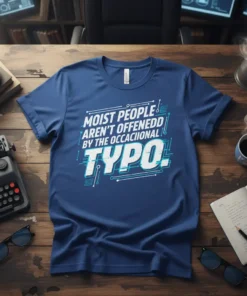 Blue t-shirt with white and light blue text reading "MOIST PEOPLE AREN'T OFFENEDD BY THE OCCACIIONAL TYPO." in a tech-inspired