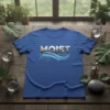 Blue t-shirt with the word "MOIST" in textured, metallic font and wavy blue water graphics below