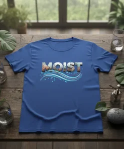 Blue t-shirt with the word "MOIST" in textured, metallic font and wavy blue water graphics below