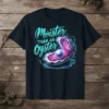 Moister Than An Oyster text with pearl in opened oyster graphic on navy t-shirt