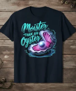 Moister Than An Oyster text with pearl in opened oyster graphic on navy t-shirt