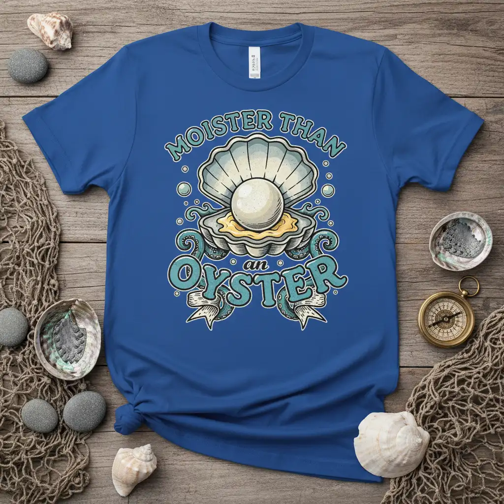 Moister Than An Oyster quote with pearl in oyster graphic on a blue t-shirt, ocean pun design