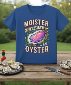 Moister Than An Oyster funny seafood quote t-shirt with graphic of an oyster