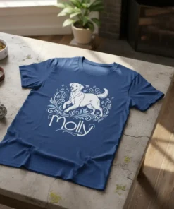 Molly dog t-shirt design with a white golden retriever and floral accents, featuring the name Molly in script font
