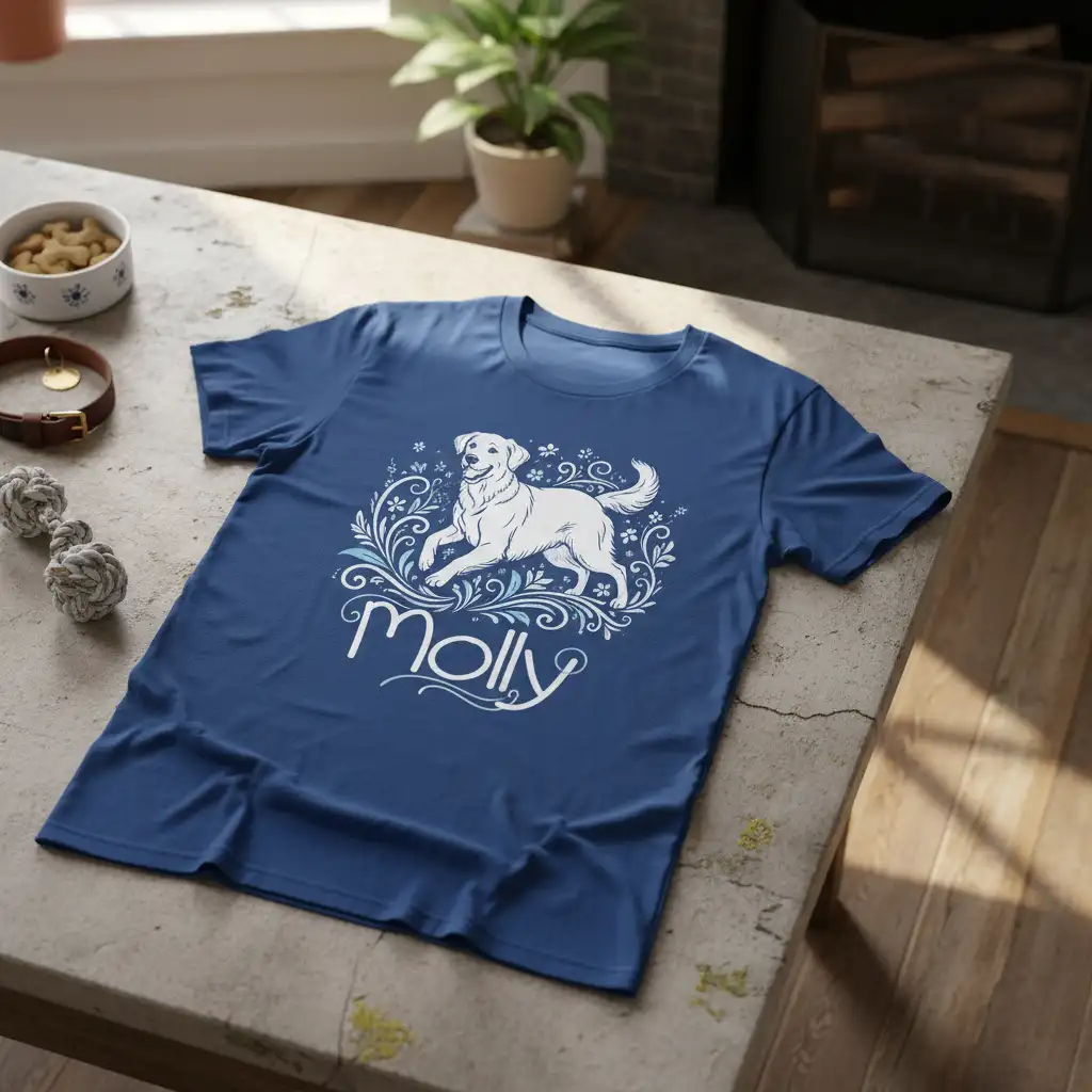 Molly dog t-shirt design featuring a white golden retriever amidst floral swirls with the name Molly in script