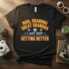 Mom, Grandma, Great Grandma I Just Keep Getting Better text design with disco balls and retro stripes on a black