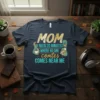 Mom I Need 20 Minutes Where No One Comtes Comes Near Me quote on a dark t-shirt with coffee cup