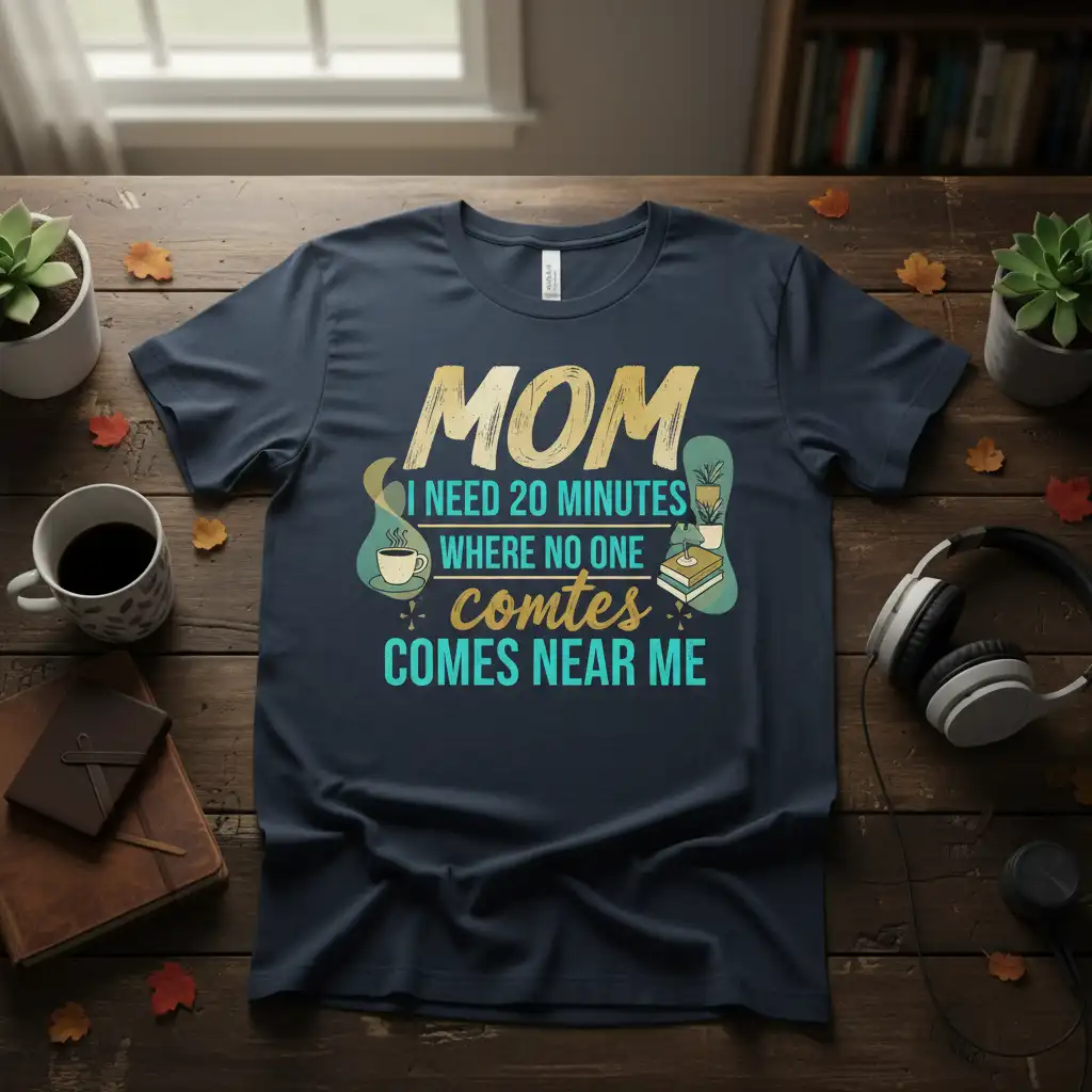 Mom I Need 20 Minutes Where No One Comtes Comes Near Me quote with coffee and book graphics on a t-shirt