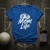 White "Mom Life" text with a soccer ball graphic on a blue t-shirt, representing soccer mom pride