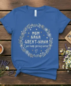 Mom Nana Great-Nana I just keep getting better quote on a blue t-shirt with floral wreath design