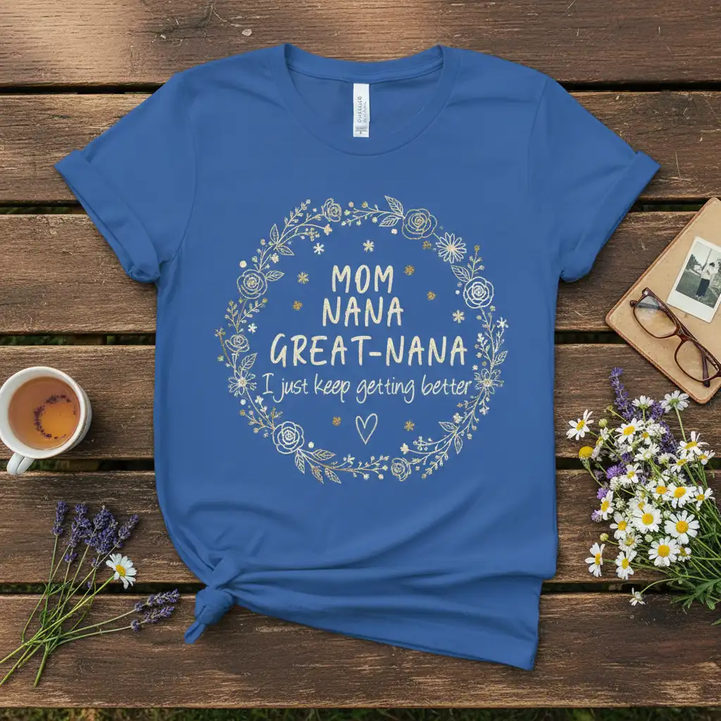 Mom Nana Great-Nana I just keep getting better quote with floral wreath on a blue t-shirt